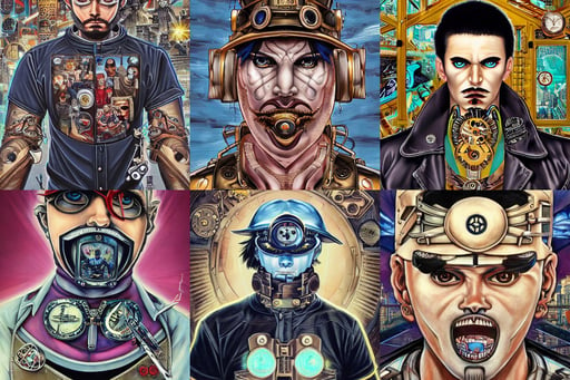 picture of city enforcer, gaming, forge, powerful eyes glowing highly detailed painting of gloomy, symmetrical face and body, clockwork steampunk, tristan eaton, anchor goatee | wearing baseball jersey | art by hirohiko araki & jean giraud & artgerm