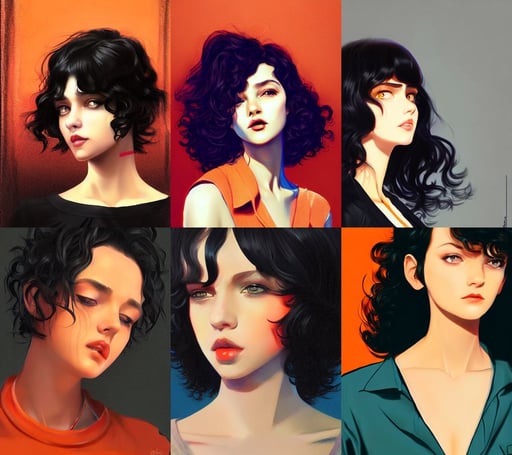 a girl with curly black hair a gr wearseen shirt, vibrant hazel eyes, digital painting by ilya kuvshinov, small head, georgic, faint orange light. Amazing piece Trending on Artstation, 1 9 8 0 s mullet haircut, glossy, Art Nouveau, shoreditch, soft lips