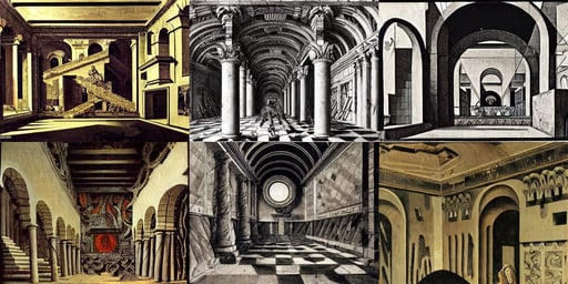 piranesi mc escher chaotic palace interior ancient vast melting, lofi, De-Noise, art by Wassily Kandinsky - Photo, art by Giotto Di Bondone, art by Tommaso Masaccio, art by Michelangelo Merisi Da Caravaggio