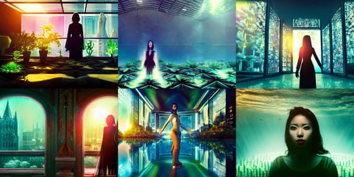 portrait of asian woman underwater during sunrise, bioluminescent hypercubes, vfx. huge cityscape. cinematic dramatic atmosphere, three suns at the sky, new gothic, she is standing in a very large room filled with plants with many windows and columns