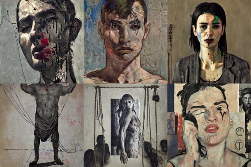 nenin being hanged in kabul, art by Henri Matisse, dirty and ruined image, portrait by Greg Rutkowski, power lines, portrait, art by Andrea Mantegna, art by Jenny Saville, horror, binary code