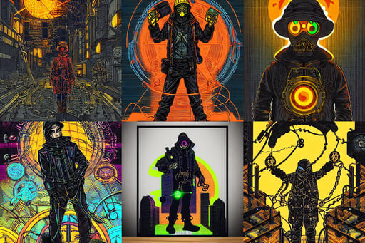 techwear occultist, steampunk by dan mumford, cables and wires, black orange yellow, two people, luigi, aurora borealis, blue archive