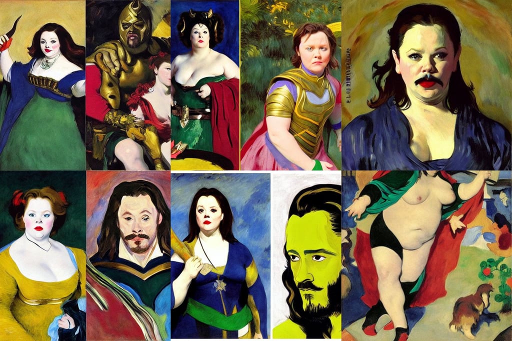 melissa mccarthy as Loki, art by Édouard Manet, art by Nicolas Poussin, cute, art by Wassily Kandinsky