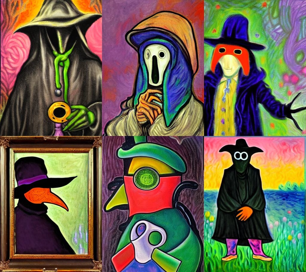 A plague doctor by Lisa Frank and Claude Monet, oil on canvas