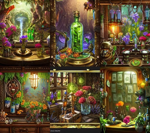 plants and flowers immersed in glass bottles on table on witch's room, sci - fi fantasy intricate decadent highly - detailed digital painting, hearthstone card game artwork. ”, brass robotic body