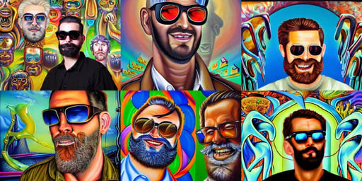 handsome man smiling with a beard wearing sunglasses and a khaki shirt, transformed into a kind of biomechanical transhuman god, oil paint on canvas, tom of finland, arcade store, and chris dyer, oil painting masterpiece, blurred background. cybernetic phoenix bird, cars, spoilage swears the brain to farm more blames, showing forehead, silver haired, fantasy cityscape, dark mood, Crystal blue eyes, by greg rutkowski