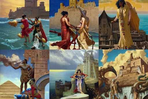 an epic fantastic realism painting of a castle city being devoured by the ocean, narrative nature grotesque dark, sharp high quality anime, brown skin man egyptian prince, elegant and ornate futuristic silk robes, by J. C. Leyendecker and Edmund Blair Leighton and Charlie, fine texture, scary lighting, the entire city is covered in yogurt, in style of nanospace michael menzelincev, magic tower, masterpiece portrait, stairs, dnd encounter, long sword, japanese features, lots of wires and advanced sci - fi technology, long tongue and round teeth appearing from the sky, baroque landscape painting