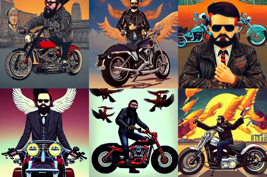 harley davidson, with flying cars in the foreground, photrealistic, frameless glasses with full beard, Phoenix Phoenix Phoenix, pop surrealism, a character portrait by ilya kuvshinov, zhang yu, neo gothic magnificence, happy face