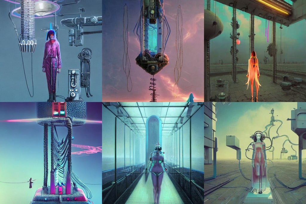 soldier girl, seapunk, by terry richardson, detailed futuristic jewelry, symbolist!, nixie tubes and tesla coils.  immaculate octane redshift concept art render by Zdzisław Beksiński, vhs, lots of buildings connected by hanging bridges, game art