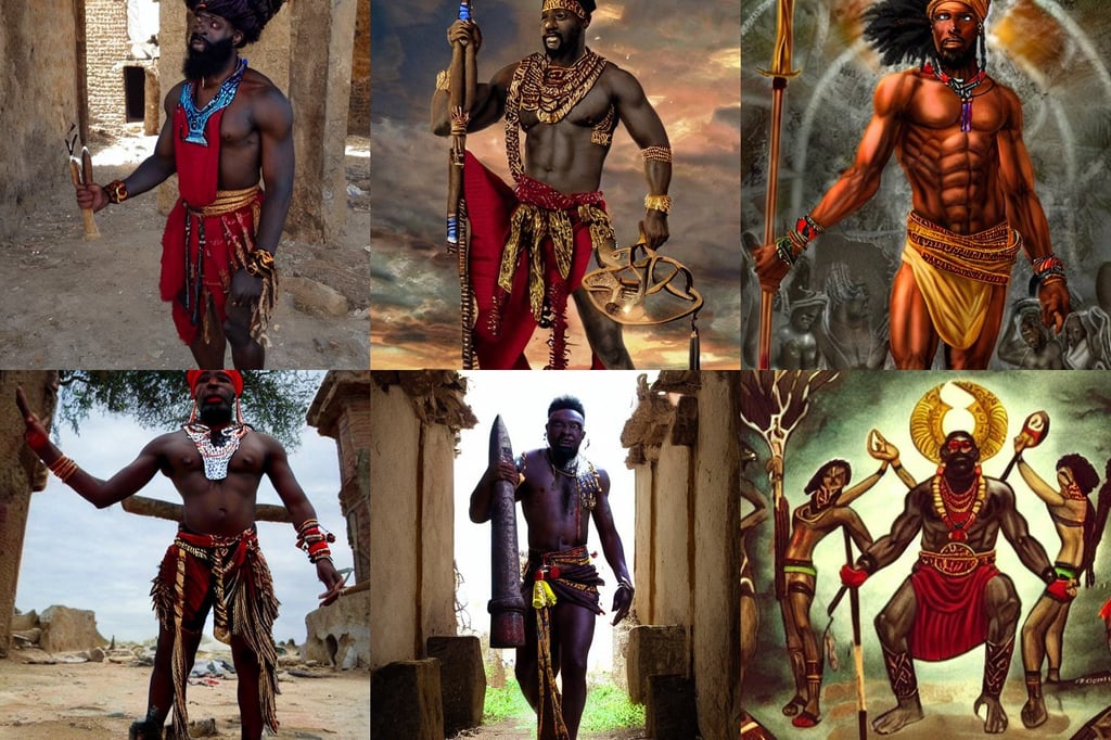 african god shango, in the ancient abandoned city epic scene, short dark hair