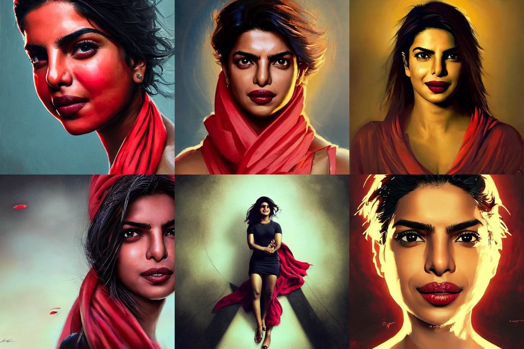 “ portrait of priyanka chopra by greg rutkowski, smiling franticly, red scarf, inverted fisheye lens!!!, glowing red eyes, ( golden ratio ) details, psychedelic wide angle dynamic action portrait, natural materials :: high detail