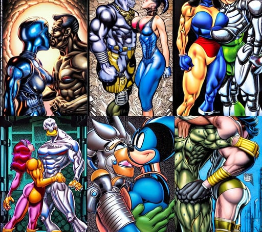 ultra realistic medium shot of a couple of cyborgs kissing, art adams, fascinating, in dazzle camouflaged robes, 30 years old women :: fantasy :: blue eyes, muscular! crossfit, mickey mouse vs donald duck