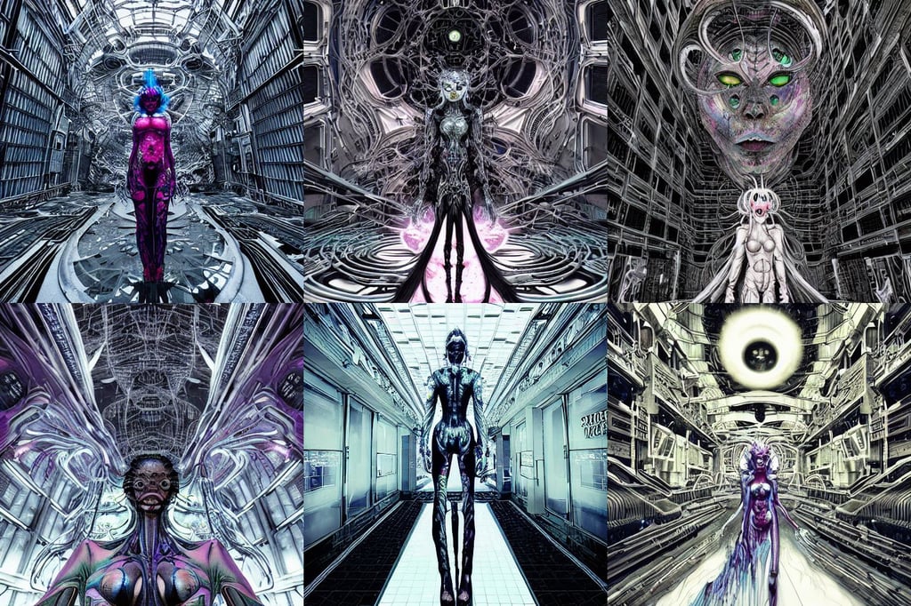 huge space station of intergalactic trade guild, soft lustrous biotech raver white goth clowncore griffin cyborg, pale grey skin, giger. cinematic. smooth gradients, art by shintaro kago and carne griffiths, beautiful and uniquely odd looking, black metallic bloodborne boss. intricate, standing in lobby of office building