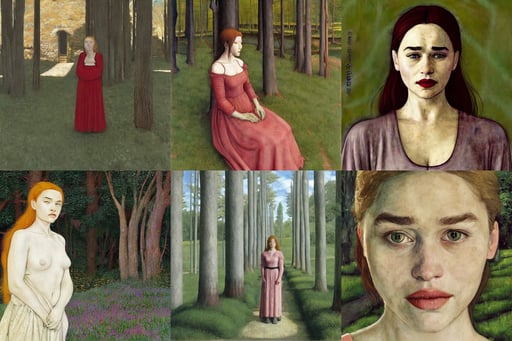 mix between emilia clarke, art by Tommaso Masaccio, freckles, overgrown forest, film grain, art by Edward Hopper, art by Piet Mondrian, ISO6400, Anime, art by Jan Van Eyck