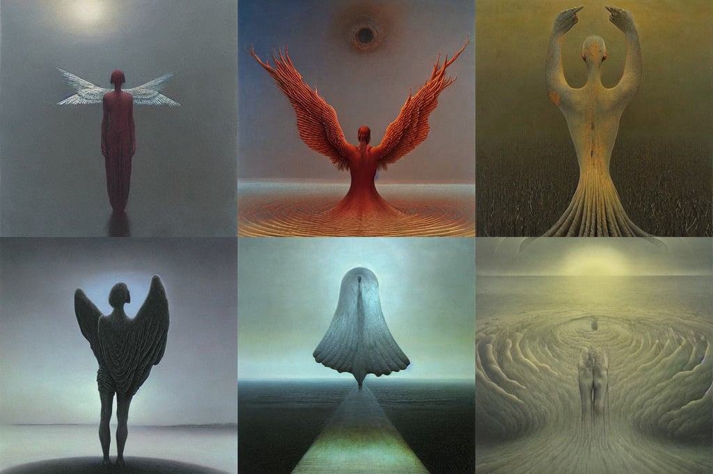 The wings of the world by Zdzislaw Beksinski, oil on canvas