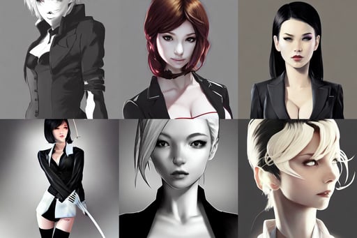 a beautiful girl with office black jacket and white bra portrait | | realistic shaded, rogue thief, dragon by ross tran, armor elements, smooth tiny details, bottom body close up, by ilya kuvshinov and james jean and sorayama and ikeuchi and hiroya oku and gilleard james, Blond hair, big chin