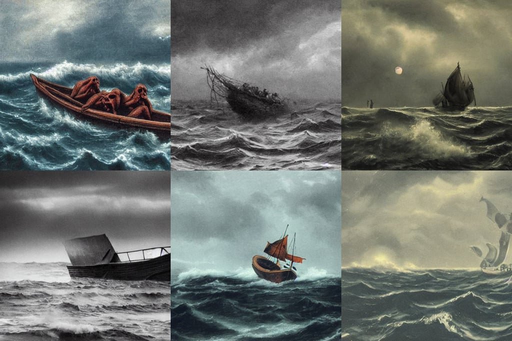 of a lost boat on dark and stormy angry sea with large strange creatures with big eyes