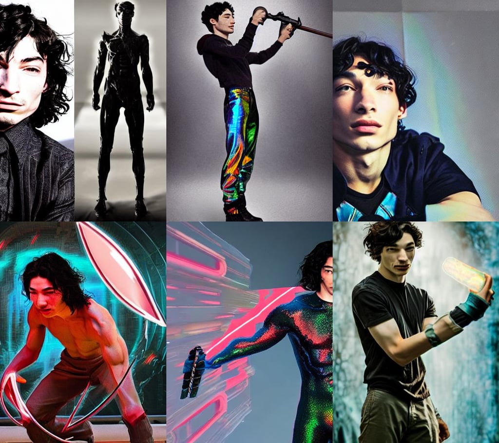 ezra miller, looking at camera, holographic : : hyperreal surrealism hypermaximal symbolism, elongated arms, weapon concept art, zerochan art, roadside