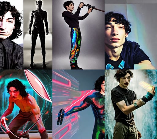 ezra miller, looking at camera, holographic : : hyperreal surrealism hypermaximal symbolism, elongated arms, weapon concept art, zerochan art, roadside