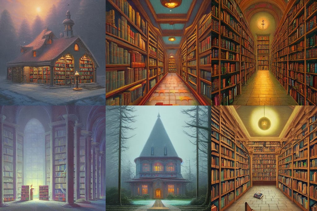 The sacred library by Simon Stålenhag and Thomas Kinkade, oil on canvas