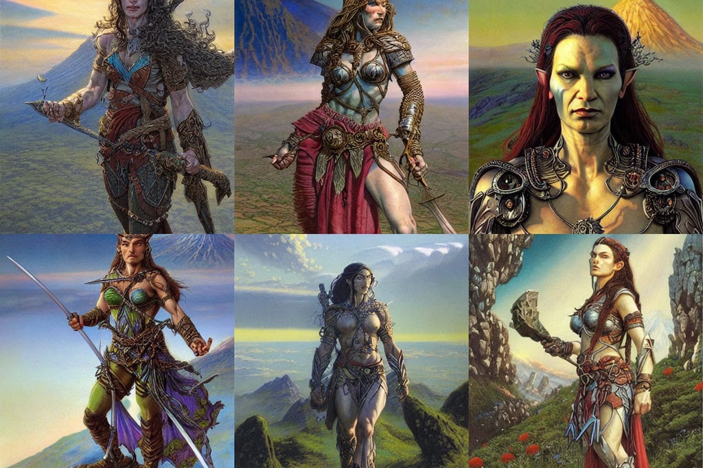 half orc half elf woman, art by Donato Giancola and Bayard Wu, mount ararat very far away in the background, ernst haeckel