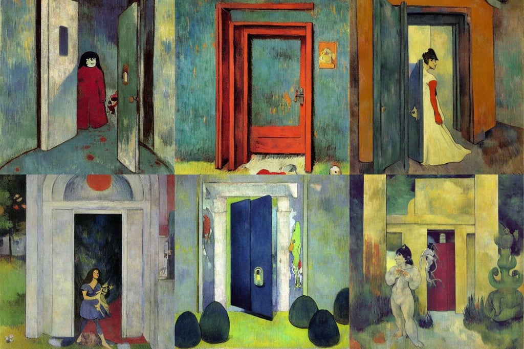 Ethereal door that leads to your afterlife, art by Paul Gauguin, art by Gerhard Richter, art by Tommaso Masaccio, art by Gerhard Richter, art by Édouard Manet, dnd character art, movie poster art, art by Jackson Pollock, with Muppets, house crest, by Studio Trigger for Nichijou, art by Jenny Saville, Alex Grey, art by Paolo Uccello