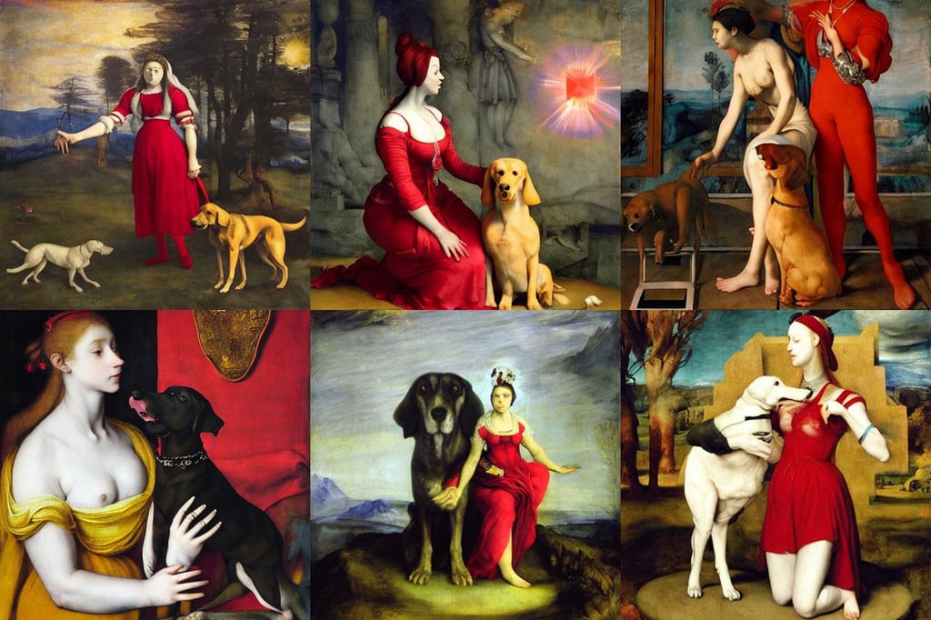 goddess and her hound, Kangol, art by Marcel Duchamp, art by Artemisia Gentileschi, red, volumetric lighting, robotic eyes, mexico, trending on ArtStation, dark fantasy, art by Albrecht Dürer, art by Joseph-mallord William Turner, art by Sir Peter Paul Rubens, art by Diego Velázquez, art by Magdalena Carmen Frida Kahlo Claderón, art by Paul Gauguin