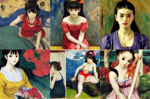 a cute anime girl, art by Edvard Munch, art by Michelangelo Buonarroti, art by Sir Peter Paul Rubens, art by Edward Hopper, art by Winslow Homer, photo, art by Artemisia Gentileschi, wonderful, art by Wassily Kandinsky - Photo, art by Magdalena Carmen Frida Kahlo Claderón, high quality, High detail + Sony Alpha α7, walking on the moon, art by William Blake, art by Francis Bacon, art by Andy Warhol