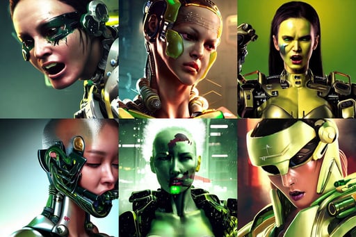 a beautiful woman with a cybernetic forehead, specular highlights, green and gold armour robe. In style of Yoji Shinkawa and Hyung-tae Kim, extreme close up of an american soldier screaming with a hand besides his mouth, thick dust and red tones, Cyberpunk 2077, by by Jacques-Louis David, night mood, white bikini, grimdark fantasy, hamsters, well-rendered, baby creatures