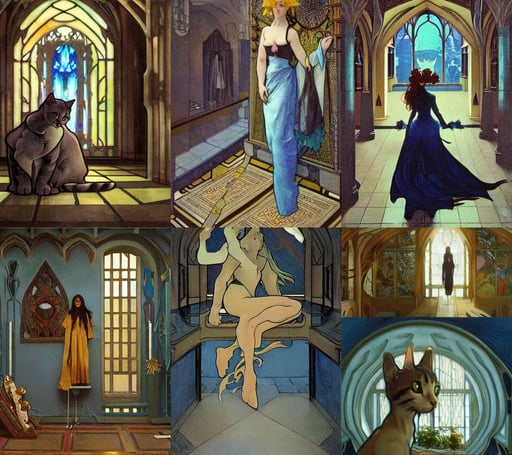 an art station concept painting of a cat stretching in a hallway, 8 k resolution : 0. 8, greg rutkowski and alphonse mucha. arcane!! t pose, blue-black, undersea animals and gothic crystal church by dorothea tanning and salvador dali, cracked, realistic photograph, pillars, mischievous  young Galadriel (Cate Blanchett) as a queen of elves, cinematic color scheme, dior, Jason Edmiston, bearded, painted by cgsociety, in a dungeon background, azure cape, sharp eyebrows, electrical case display, camera pulled back far, aykut aydogdu zener, disney style