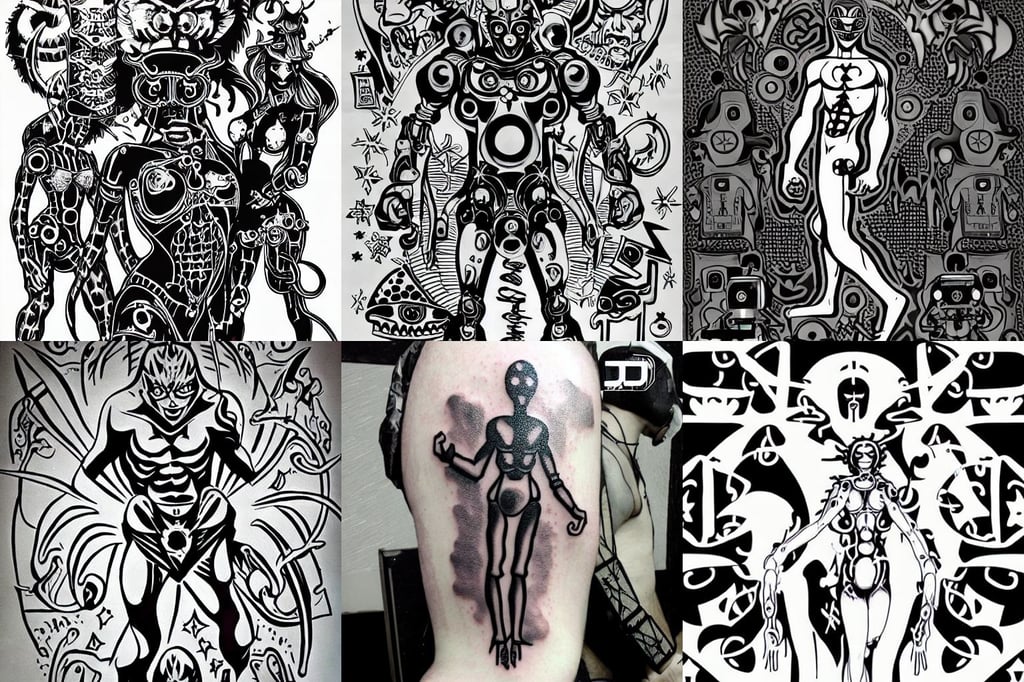 djinn man male demon, dimension, animesque, alchemist girl, tattoo stencil, robotic enhancements