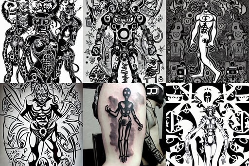 djinn man male demon, dimension, animesque, alchemist girl, tattoo stencil, robotic enhancements