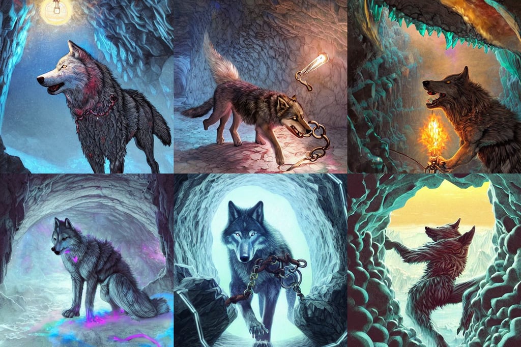 ' Illustration a wolf (Fenrir) breaking its chains, ice cave, digital art by eugene de blaas, summer vibrance, photo - realistic maximum detail, wearing a tie-dye shirt, lamps on ground, by james jean and moebius!! and artgerm and liam brazier and victo ngai and tristan eaton. detailed