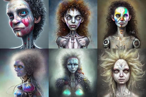 bright clear shell polished galactic clowncore weta cyborg : : disney pixar star wars portrait, messy curly hair, advanced civilization, long grey hair, flower power, art by marcela bolivar