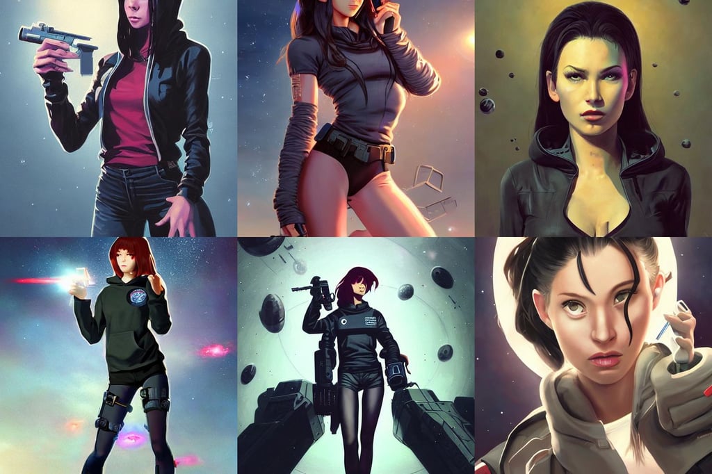 a very very beautiful wonderful teen, vintage, black hoodie, firing her space pistol at a giant space octopus, Sharp focus, portrait of revy from black lagoon, trending on cgsociety, town, art by greg rutkowski and ilya kuvshinov and salvador dali, disdain facial expression, unreal engine. art by artgerm and greg rutk owski and alphonse mucha, Makoto Shinkai and Lois van baarle, in the style of peter mohrbacher, in the style of Greg rutkowski, josh brolin, pink eyes, long silver hair, in a oit of this world magical frozen landscape, in the underworld, good value control