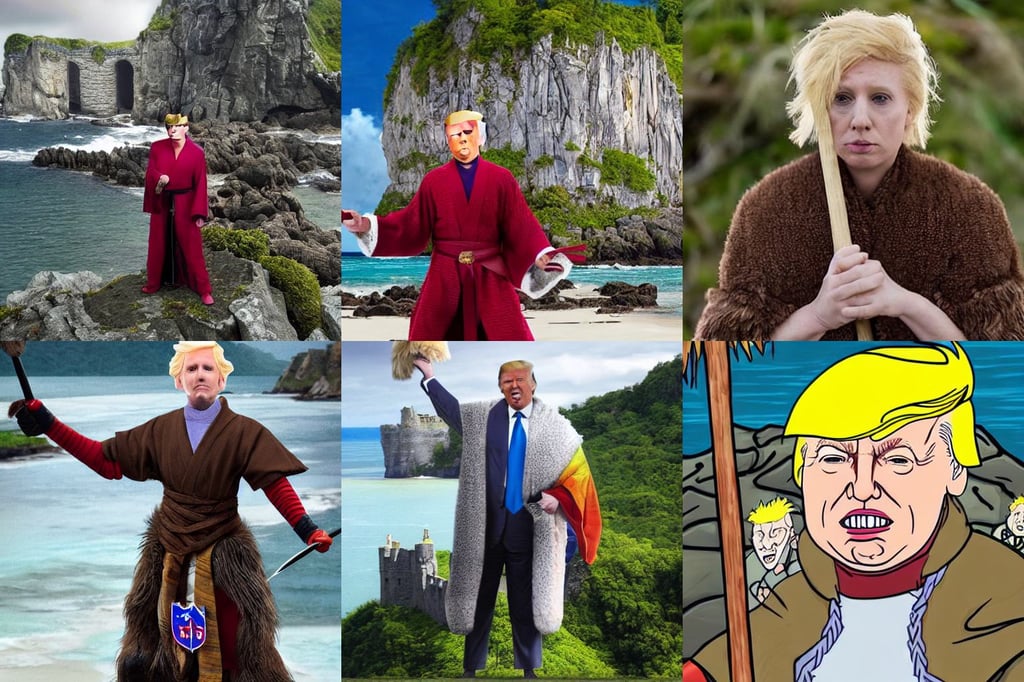 donald trump! as brienne of tarth, madhouse inc, wizard robe, thistle, bra, in a fighting stance, walnut hair, wooden fortress wall on a tropical island with ruff shore cliffs, looking at camera, fluffy clouds, colorful