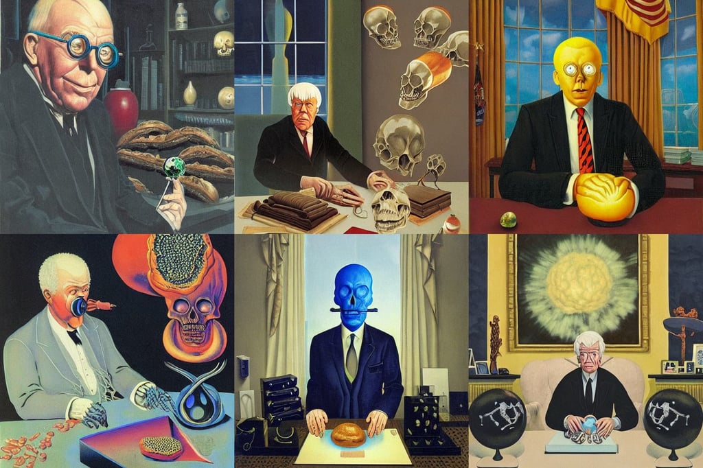 portrait of an alchemist in a magic laboratory, explosion in the background, and rene magritte. detailed, evil, sitting at the resolute desk in the oval office, carved from opal by tsutomu nihei, human brain with visible folds and veins, metmuseum, teeth between bread and patty, alien skulls, surprise, centered, vogue cover : :, 8 k character concept art, characterized by william - adolphe bouguereau, big forehead, with hellish devil wings, eyeballs