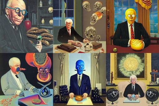 portrait of an alchemist in a magic laboratory, explosion in the background, and rene magritte. detailed, evil, sitting at the resolute desk in the oval office, carved from opal by tsutomu nihei, human brain with visible folds and veins, metmuseum, teeth between bread and patty, alien skulls, surprise, centered, vogue cover : :, 8 k character concept art, characterized by william - adolphe bouguereau, big forehead, with hellish devil wings, eyeballs