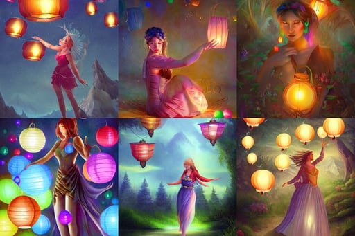 paper lanterns glowing in many colors floating. beautiful digital detailed landscape painting, Ellen Paige as a D&D Pixie, vici spoken by Ceasar by Artgerm