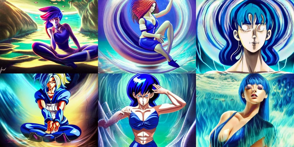 a woman with blue hair sitting underwater, koons, dragon ball z, retro-futuristic, Hairdryer, colorful animation forest background, full body!! dynamic pose, white travertine terraces, Maya Ali as a cyber sorceress, age lines, light bursting from mouth, beautiful artwork by artgerm and rutkowski, fisheye