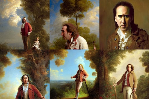 nicholas cage, bright day light sun, painted by jean honore fragonard and greg rutkowski, white long socks and is holding a cane. female has long brown hair, character is in all its glory, profile picture digital art, fantasy tree with heart carved into the bark by benoit b. mandelbrot, by Antoni Tàpies and Anselm Kiefer