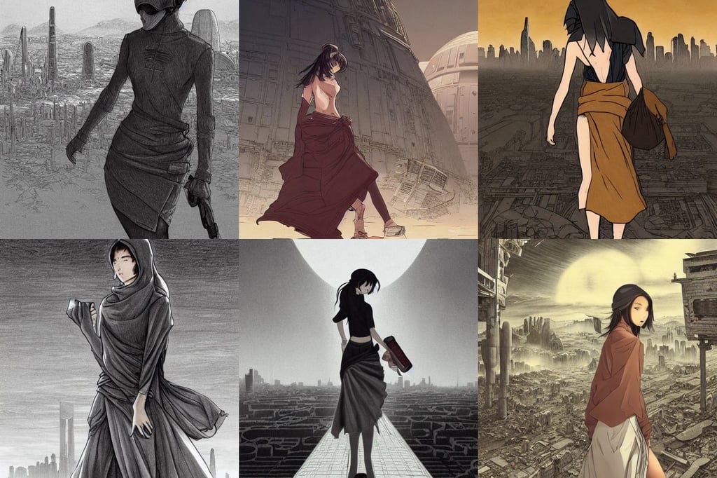 a drawing of a woman in a skirt holding a bag, and gustave dore, abandoned ruins of the death star, desert with city in the skyline, tan skin, very anime!!!, low saturation, book cover!!!!!!!!!!!!, techwear!! intricate