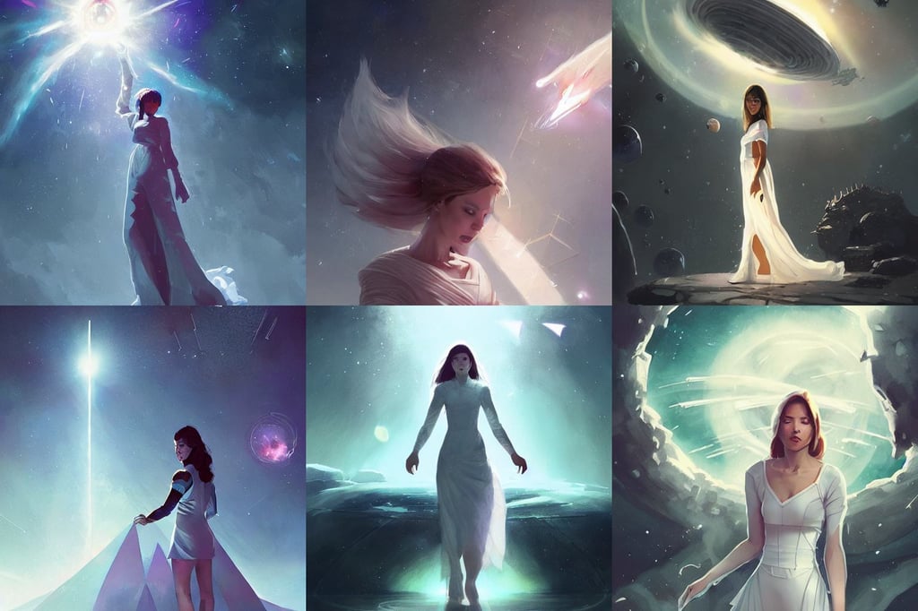 female alone in outer space by greg rutkowski, splendid white designer dress with triangle patterns, nice studio lighting, rossdraws and magali villeneuve and liya nikorov and luxearte, reverse, lantern, supernova in the background, slight smile expression, waterfall and fight of godzillas, very very very dramatic lighting, daz | drawn by wlop