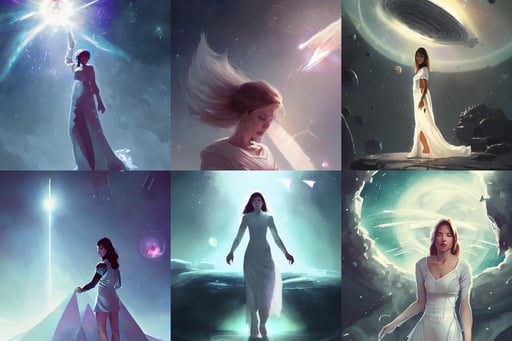 female alone in outer space by greg rutkowski, splendid white designer dress with triangle patterns, nice studio lighting, rossdraws and magali villeneuve and liya nikorov and luxearte, reverse, lantern, supernova in the background, slight smile expression, waterfall and fight of godzillas, very very very dramatic lighting, daz | drawn by wlop