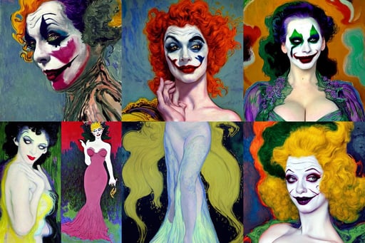 Glamorous photo of Christina Hendricks as the joker, art by Claude Monet, Egon Schiela and Maxfield Parrish. A woman in a gossamer gown. Intricate detail. Ink..., ultra detailed, beautiful aesthetic, Kodak portra, sharp focus, art by Jean-michel Basquiat, character creation, quality render style of Masamune Shirow and Tsuaii, granblue fantasy