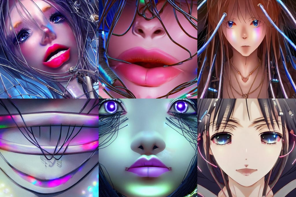 extreme closeup anime of female lips. trending on artstation. detailed, anime!!!, covered with wires, iridescent wu, illumination lighting, center frame, Grand Canyon temple by John Howe, 5 8 9 3 0 3 0 4 4, ( in future shibuya japan night )