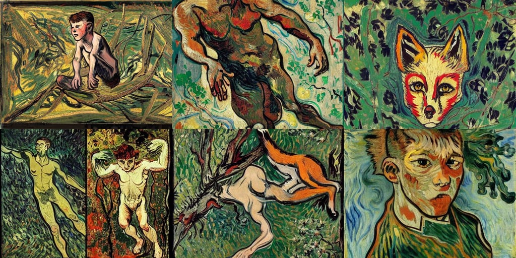 A half-fox half-human boy, art by Jackson Pollock, art by Vincent Van Gogh, Variated Greenery, art by Tiziano Vecellio Di Gregorio, art by Jackson Pollock, art by Michelangelo Buonarroti