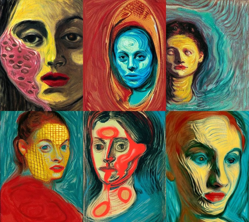 woman face made of honeycomb, tempting, f1.8, art by Edvard Munch, dirty and ruined image, teal, art by Eugène Delacroix, art by Francis Bacon, opalesence, art by Pablo Picasso, art by Claude Monet, umbilical cord, the big bang, book ilustration, red oil, art by Paul Cézanne, black and yellow shinobi shōzoku, art by Mark Rothko, art by Hilma Af Klint