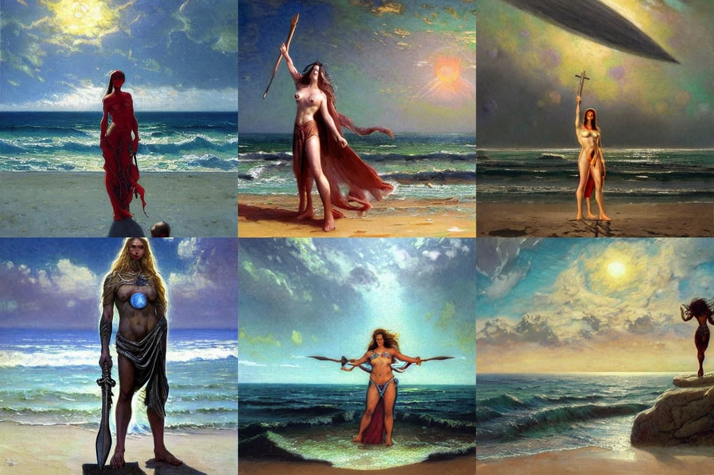 beach horizon view of the ocean on an alien planet, portra spell, award winning artstation, deity, eerie atmosphere, giant axe, d&d art, symmetrical face features, art by Gustave Dore, loin cloth, by konstantin korovin and daniel f. gerhartz and john howe, happily serving the customers, superwoman pose