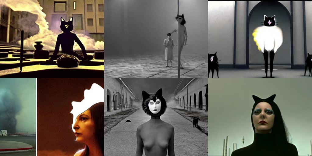 a surreal scene from a feature film by alejandro jodorowsky : : exterior view, fake cat ears, bionic, all the streets are on fire and smoke, 3 5 mm film photography, the void, 3 d unreal engine, marina abramovic